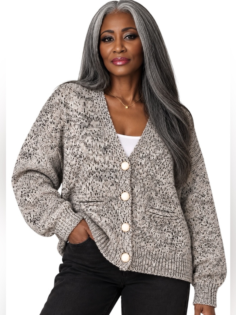 HALOGEN Marled Yarn V-Neck Cardigan Birch Black Gold Buttons XXL